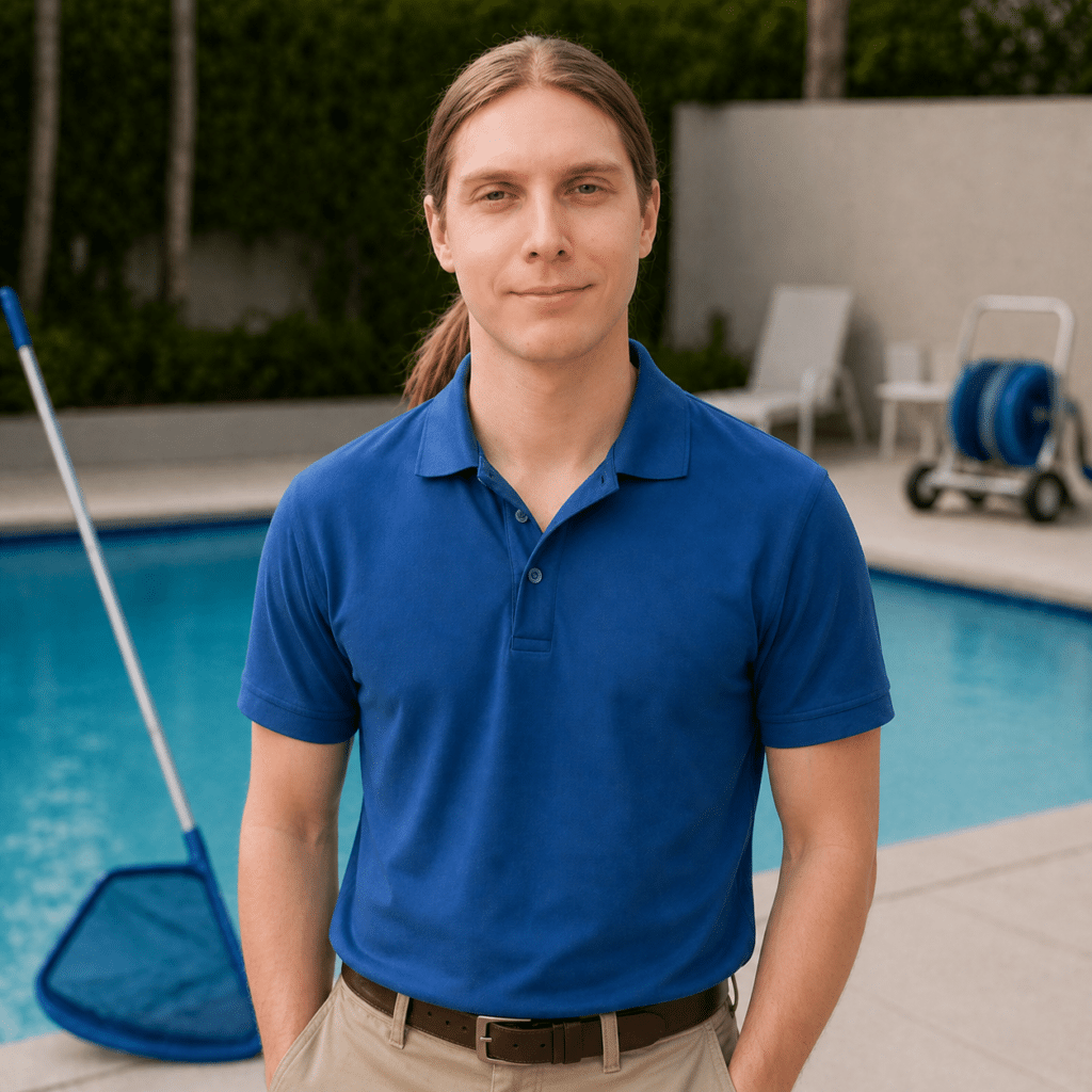 A person with long hair tied back, wearing a blue polo shirt and beige pants, stands by a swimming pool. Pool cleaning equipment and patio furniture are visible in the background.