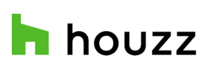 Houzz logo featuring a green house-shaped icon on the left and the word “houzz” in bold black lowercase letters on the right, set against a light gray background.