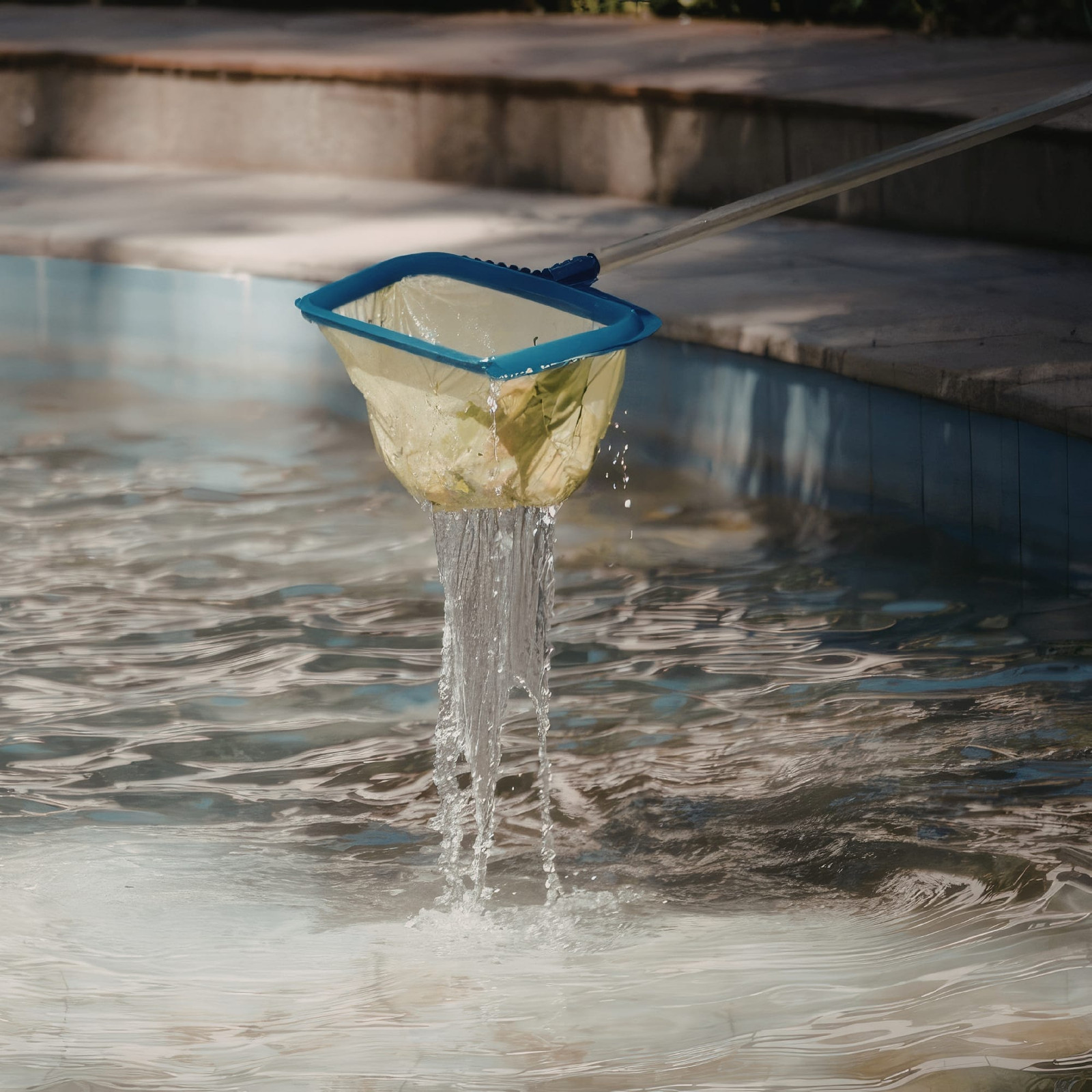 An Inman Pool Service skimmer net attached to a pole is being lifted from a swimming pool, with water pouring out and leaves caught inside the net. Steps and poolside pavement are visible in the background.
