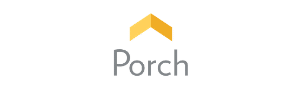 The image shows the Porch logo, featuring the word Porch in gray text below a simple yellow and gold chevron design resembling a roof.