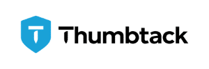 Thumbtack logo with a blue shield containing a white T shaped like a nail, next to the word Thumbtack in bold black letters on a light gray background.