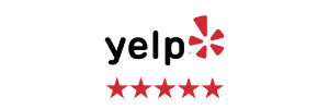 Yelp logo with five red stars below it, indicating a five-star rating on a white background.