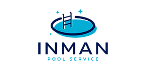 Logo for Inman Pool Service featuring a stylized blue swimming pool with a ladder and two sparkling stars above, with the words INMAN Pool Service written below in bold blue letters.