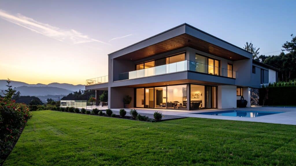 Modern two-story house with large glass windows and balconies, overlooking a well-manicured lawn, swimming pool, and dedicated service area, all set against a backdrop of hills at sunset.