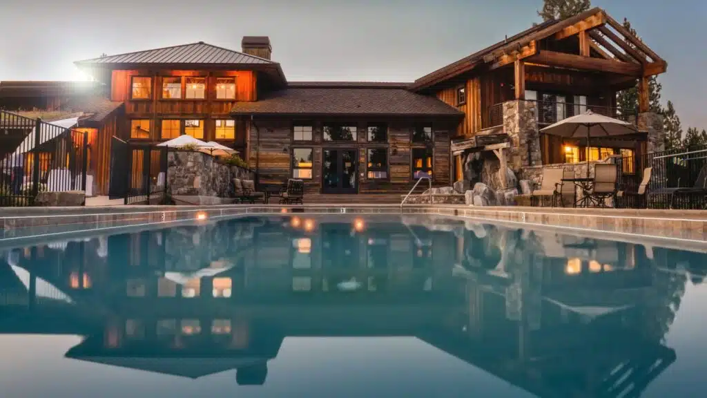 A large, modern wooden house with glowing lights is reflected in a clear swimming pool at dusk, surrounded by outdoor seating and umbrellas.